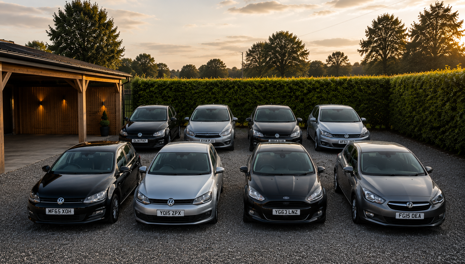 Independent car dealer forecourt with a range of used Volkswagen, Ford, Peugeot and Audi vehicles parked outside at sunset.