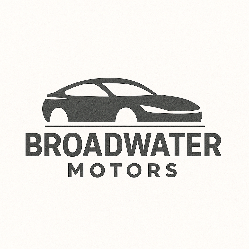 Broadwater Motors logo featuring a sleek black car silhouette above bold uppercase text reading “BROADWATER MOTORS” on a white background.